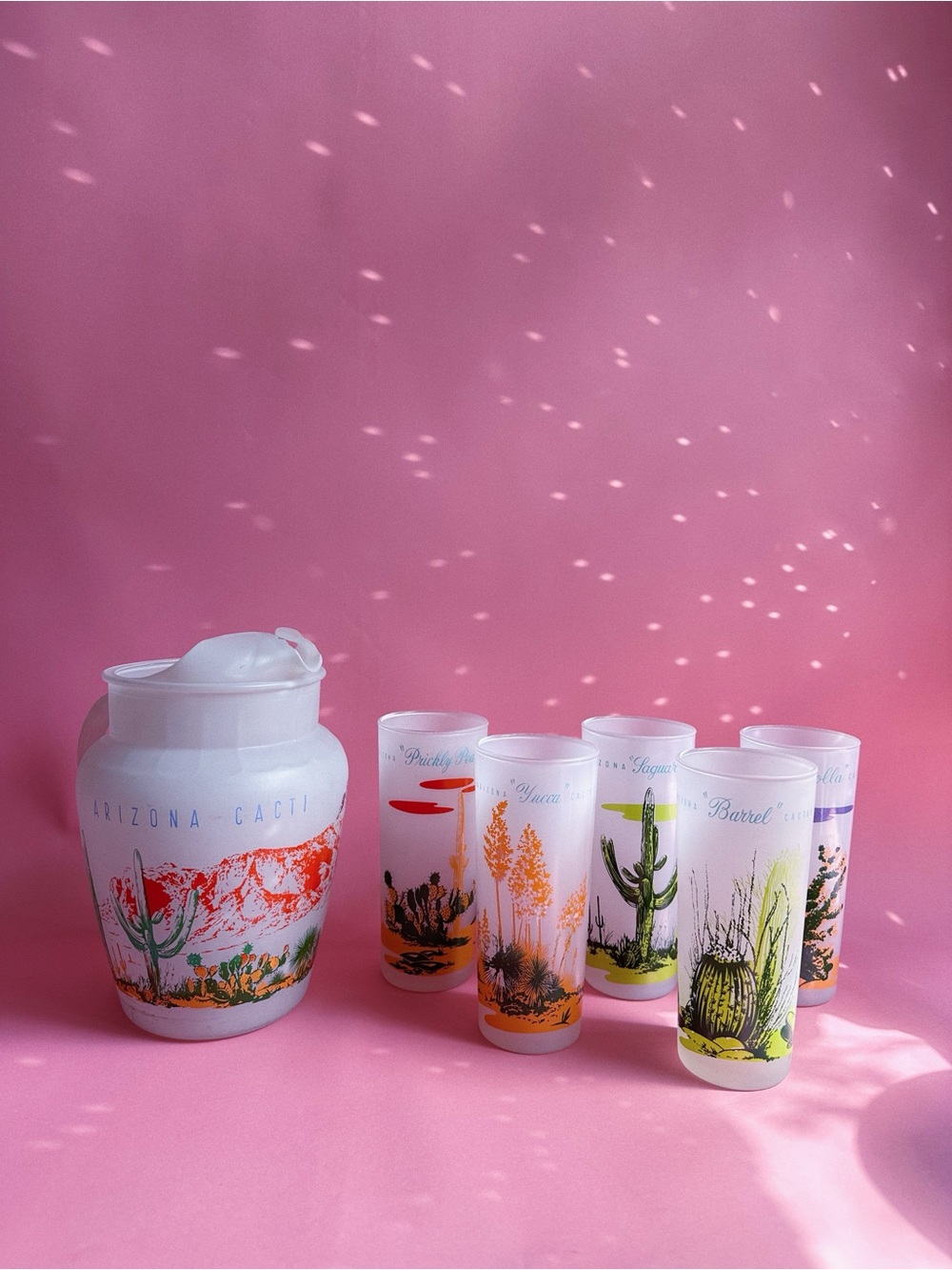 Vintage MCM Blakely Oil & Gas Arizona Frosted 5 Tumbler Glasses & Pitcher Cacti
